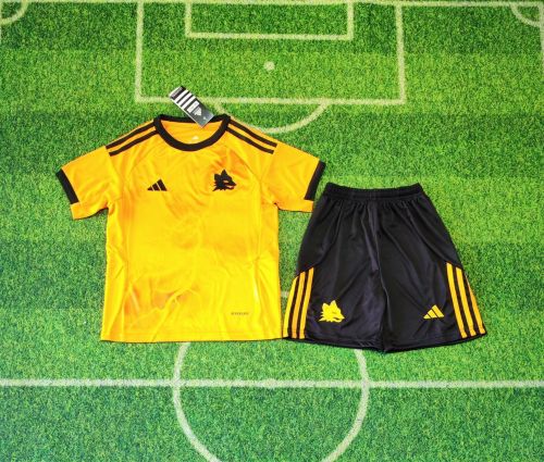 without sponor logo Youth Uniform Kids Kit As Roma 2025-2026 Away Orange Soccer Jersey Shorts Child Football Set