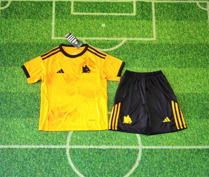 without sponor logo Youth Uniform Kids Kit As Roma 2025-2026 Away Orange Soccer Jersey Shorts Child Football Set