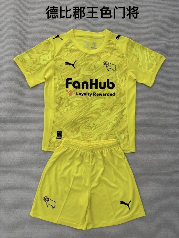 Youth Uniform Kids Kit 2025-2026 Derby Country Yellow Goalkeeper Soccer Jersey Shorts Child Football Set