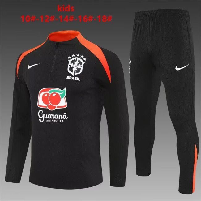 Youth 2025-2026 Brazil Black/Orange Soccer Training Sweater and Pants Football Kit