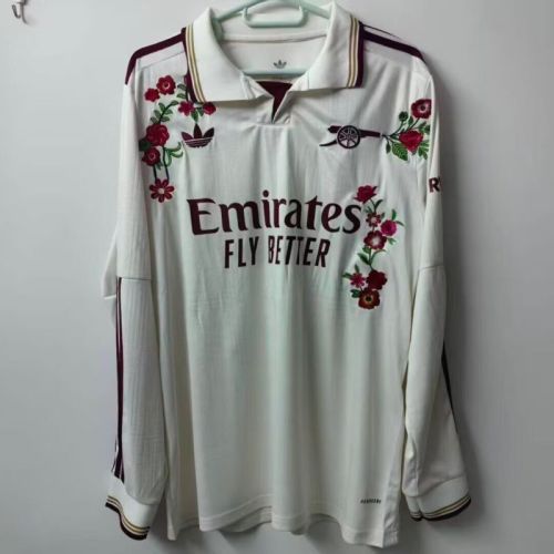 Embroidery Flower Version Long Sleeve Fan Version 2025-2026 Arsenal Third Away White Soccer Jersey LS Football Shirt