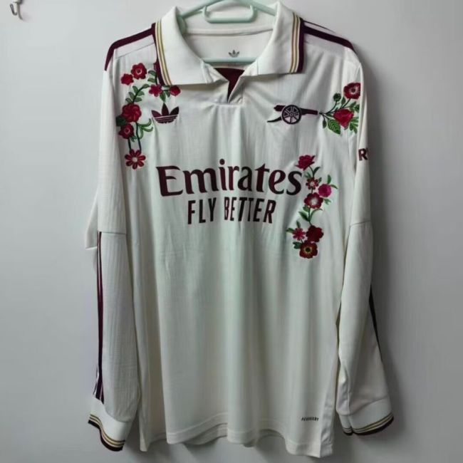 Embroidery Flower Version Long Sleeve Fan Version 2025-2026 Arsenal Third Away White Soccer Jersey LS Football Shirt
