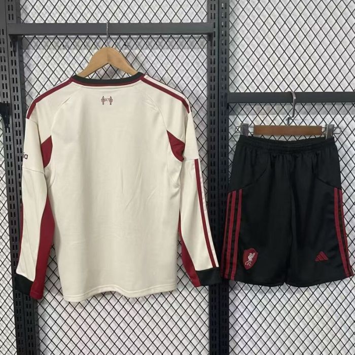 Long Sleeve Youth Uniform Kids Kit 2025-2026 Liverpool Away Soccer Jersey Shorts Child Football Set