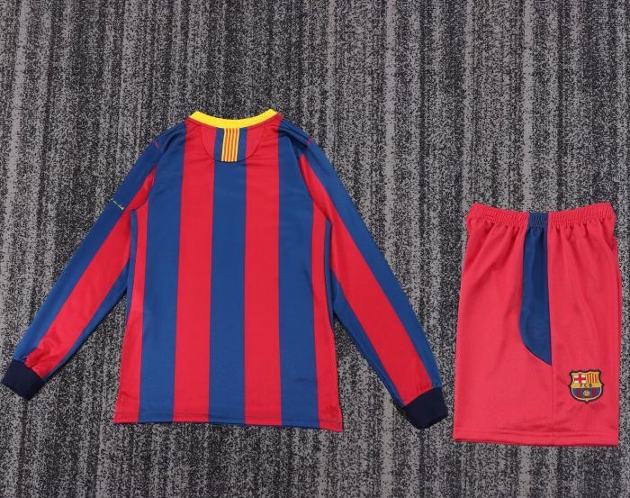 Long Sleeve Retro Youth Uniform Kids Kit 2010-2011 Barcelona Home Soccer Jersey Shorts Vintage Child Football Set