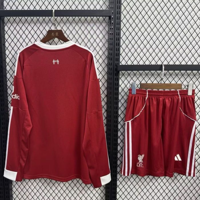 Long Sleeve Youth Uniform Kids Kit 2025-2026 Liverpool Home Soccer Jersey Shorts Child Football Set
