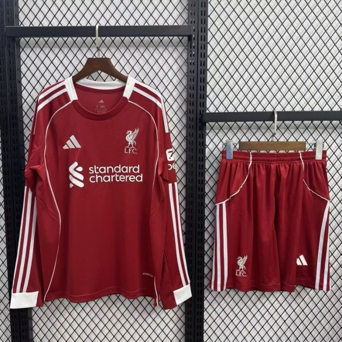 Long Sleeve Youth Uniform Kids Kit 2025-2026 Liverpool Home Soccer Jersey Shorts Child Football Set