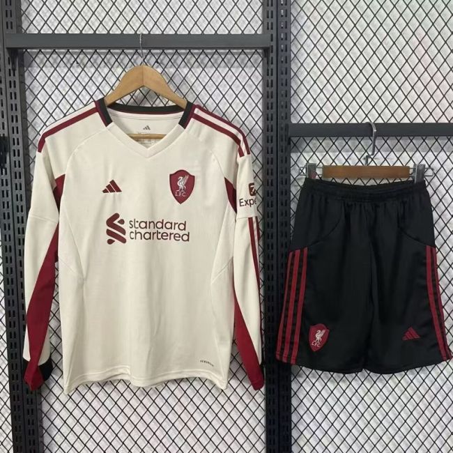 Long Sleeve Youth Uniform Kids Kit 2025-2026 Liverpool Away Soccer Jersey Shorts Child Football Set