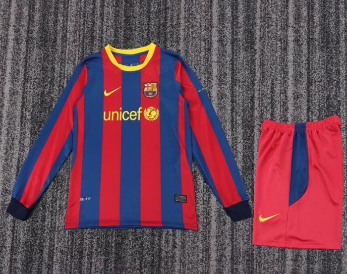 Long Sleeve Retro Youth Uniform Kids Kit 2010-2011 Barcelona Home Soccer Jersey Shorts Vintage Child Football Set