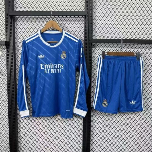 Long Sleeve Youth Uniform Kids Kit 2025-2026 Real Madrid Third Away Blue Soccer Jersey Shorts Child Football Set