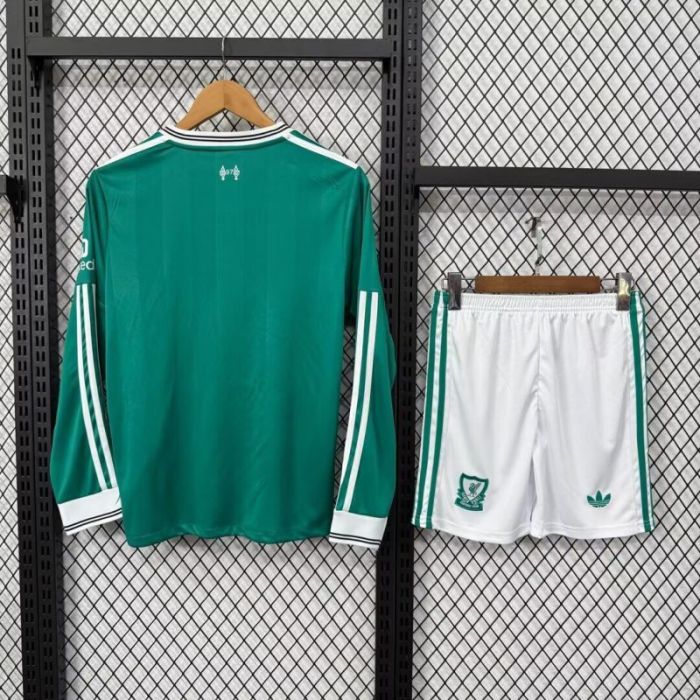 Long Sleeve Youth Uniform Kids Kit 2025-2026 Liverpool Third Away Green Soccer Jersey Shorts Child Football Set