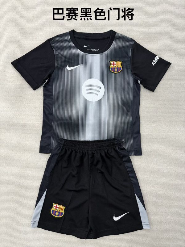 Youth Uniform Kids Kit 2025-2026 Barcelona Black Goalkeeper Soccer Jersey Shorts Child Football Set