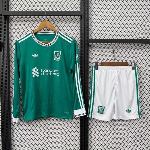 Long Sleeve Youth Uniform Kids Kit 2025-2026 Liverpool Third Away Green Soccer Jersey Shorts Child Football Set