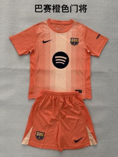 Youth Uniform Kids Kit 2025-2026 Barcelona Orange Goalkeeper Soccer Jersey Shorts Child Football Set