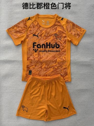Youth Uniform Kids Kit 2025-2026 Derby County Orange Goalkeeper Soccer Jersey Shorts Child Football Set