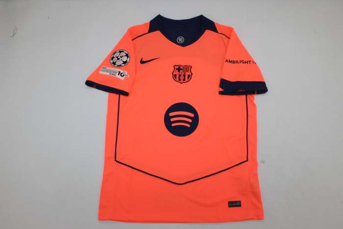 with UCL Patch Barca Camisetas de Futbol Player Version 2025-2026 Barcelona PEDRI 8 Third Away Orange Soccer Jersey