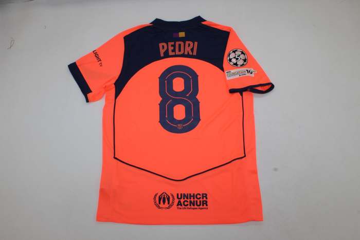 with UCL Patch Barca Camisetas de Futbol Player Version 2025-2026 Barcelona PEDRI 8 Third Away Orange Soccer Jersey