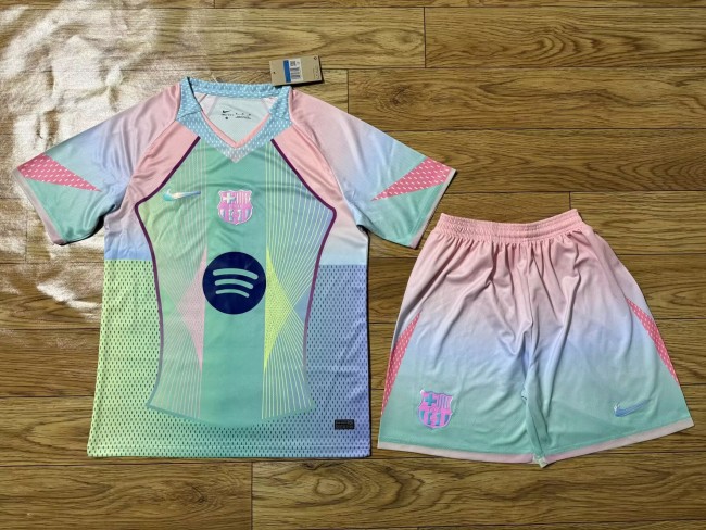 Adult Uniform Barca Camisetas de Futbol 2025-2026 Barcelona Blue/Pink Special Edition Soccer Jersey Shorts