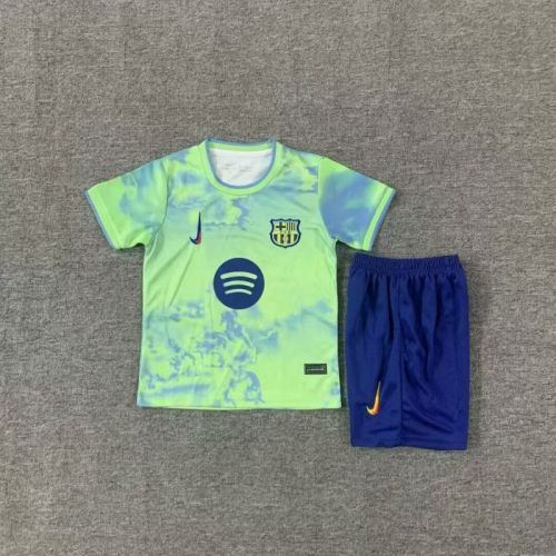 Youth Uniform Kids Kit 2025-2026 Barcelona Green Special Edition Soccer Jersey Shorts Child Football Set