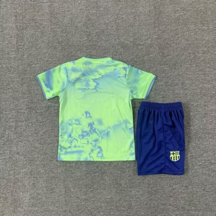 Youth Uniform Kids Kit 2025-2026 Barcelona Green Special Edition Soccer Jersey Shorts Child Football Set