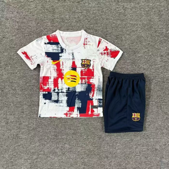 Youth Uniform Kids Kit 2025-2026 Barcelona White/Red/Blue Special Edition Soccer Jersey Shorts Child Football Set