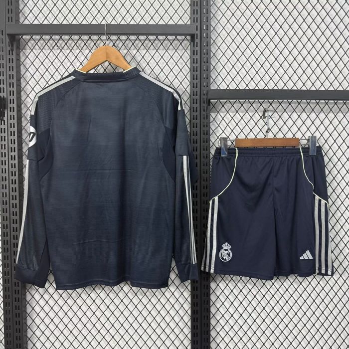 Long Sleeve Youth Uniform Kids Kit 2025-2026 Real Madrid Away Soccer Jersey Shorts Child Football Set