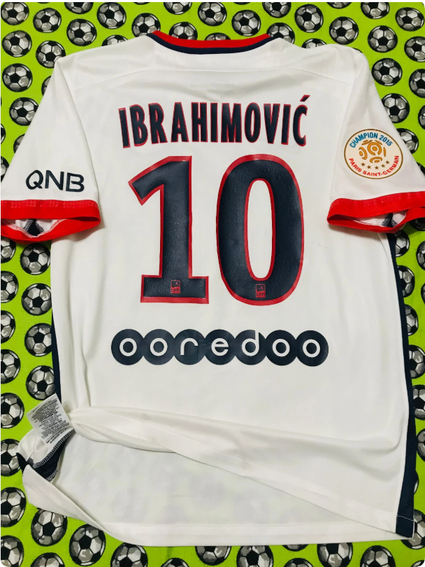 with Ligue 1 Patch Retro Jersey 2015-2016 PSG IBRAHIMOVIC 10 Away White Soccer Jersey Vintage Paris Football Shirt