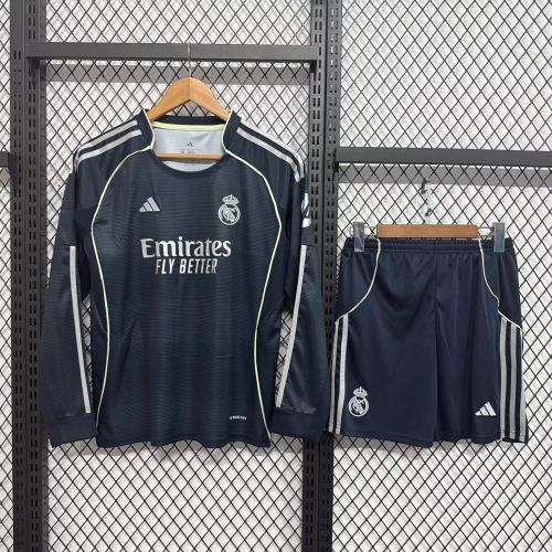 Long Sleeve Youth Uniform Kids Kit 2025-2026 Real Madrid Away Soccer Jersey Shorts Child Football Set
