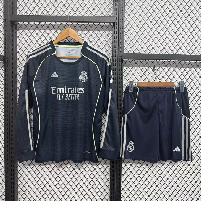 Long Sleeve Youth Uniform Kids Kit 2025-2026 Real Madrid Away Soccer Jersey Shorts Child Football Set