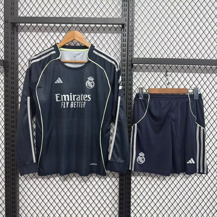 Long Sleeve Youth Uniform Kids Kit 2025-2026 Real Madrid Away Soccer Jersey Shorts Child Football Set