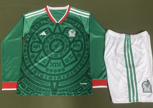 Long Sleeve Youth Uniform Kids Kit 2026 Mexico Home Soccer Jersey Shorts Child Football Set