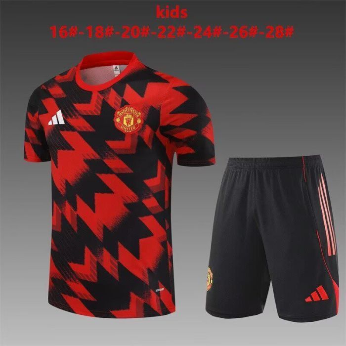 Youth Uniform Kids Kit 2025-2026 Manchester United Red/Black Soccer Training Jersey Shorts  Child Football Set