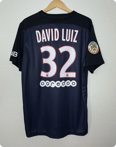 with Ligue 1 Patch Retro Jersey 2015-2016 PSG DAVID LUIZ 32 Home Soccer Jersey Vintage Paris Football Shirt