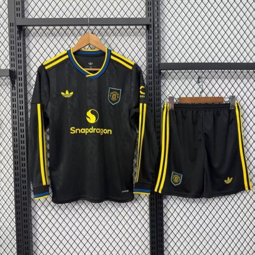 Long Sleeve Youth Uniform Kids Kit 2025-2026 Manchester United Third Away Black Soccer Jersey Shorts Child Football Set