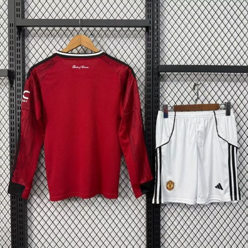 Long Sleeve Youth Uniform Kids Kit 2025-2026 Manchester United Home Soccer Jersey Shorts Child Football Set