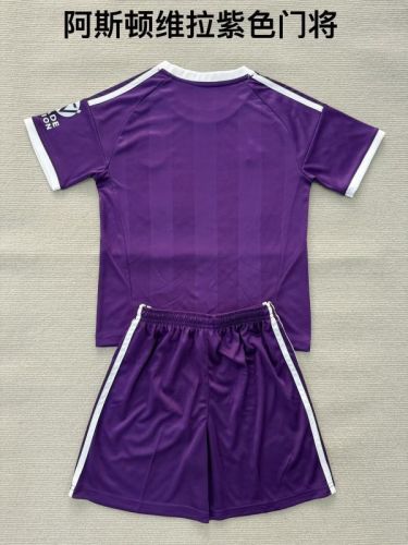 without Sponor Logo Youth Uniform Kids Kit 2025-2026 Aston Villa Purple Goalkeeper Soccer Jersey Shorts Child Football Set