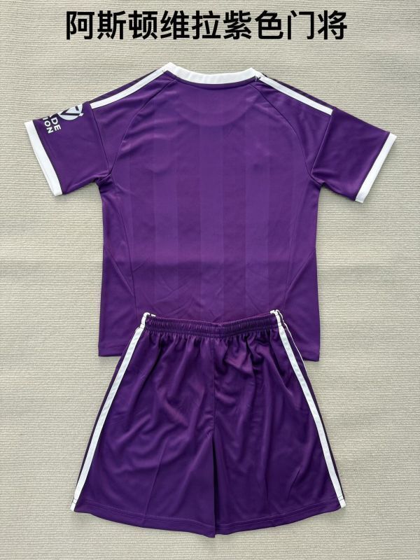 without Sponor Logo Youth Uniform Kids Kit 2025-2026 Aston Villa Purple Goalkeeper Soccer Jersey Shorts Child Football Set