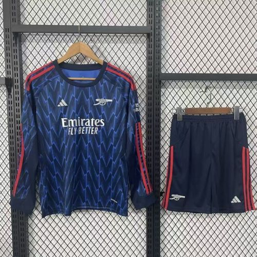 Long Sleeve Youth Uniform Kids Kit 2025-2026 Arsenal Away Blue Soccer Jersey Shorts Child Football Set