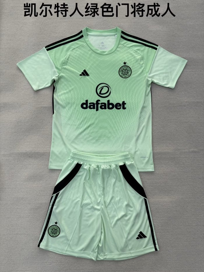 with Sponor Logo Youth Uniform Kids Kit Celtic 2025-2026 Green Goalkeeper Soccer Jersey Shorts Child Football Set