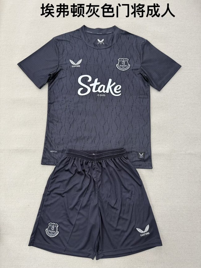 with Sponor Logo Youth Uniform Kids Kit Everton 2025-2026 Dark Grey Goalkeeper Soccer Jersey Shorts Child Football Set
