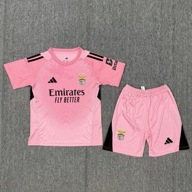 Youth Uniform Kids Kit 2025-2026 Benfica Pink Goalkeeper Soccer Jersey Shorts Child Football Set