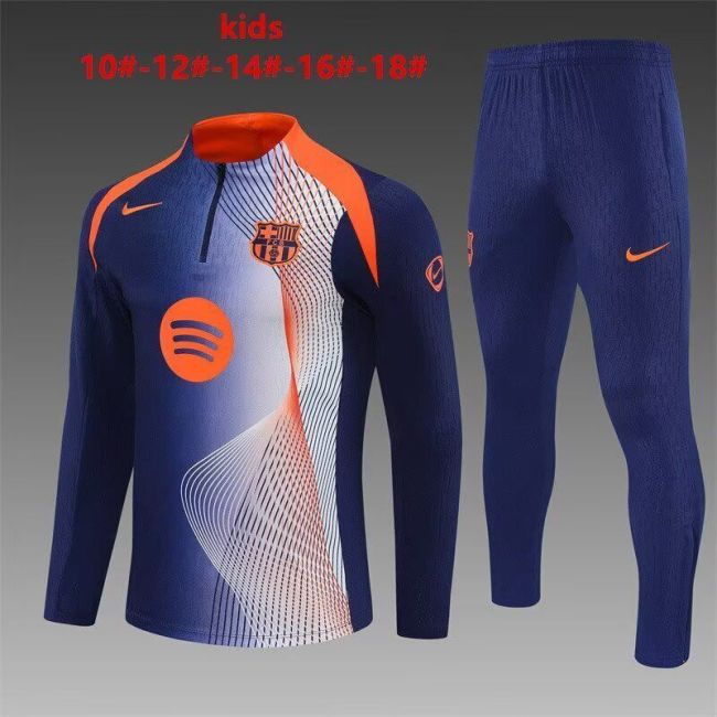 Youth 2025-2026 Barcelona Dark Blue/Orange/White Soccer Training Sweater and Pants Football Kit