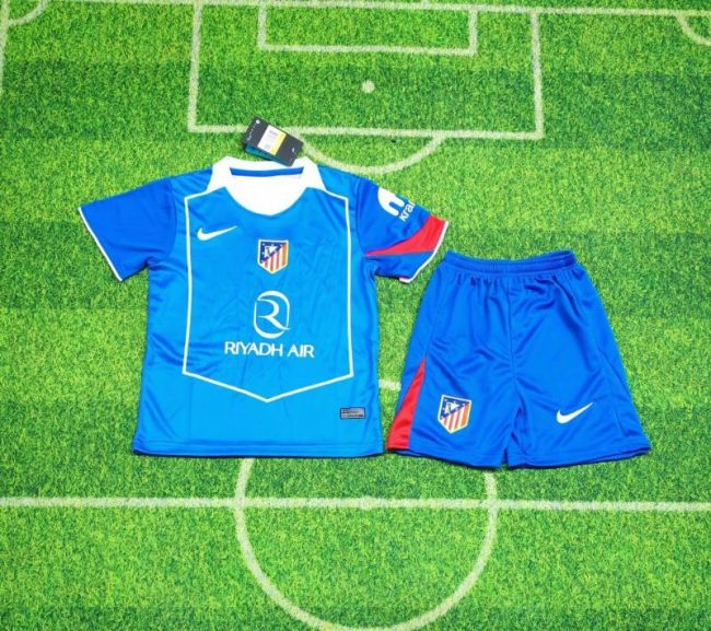 Youth Uniform Kids Kit 2025-2026 Atletico Madrid Third Away Blue Soccer Jersey Shorts Child Football Set
