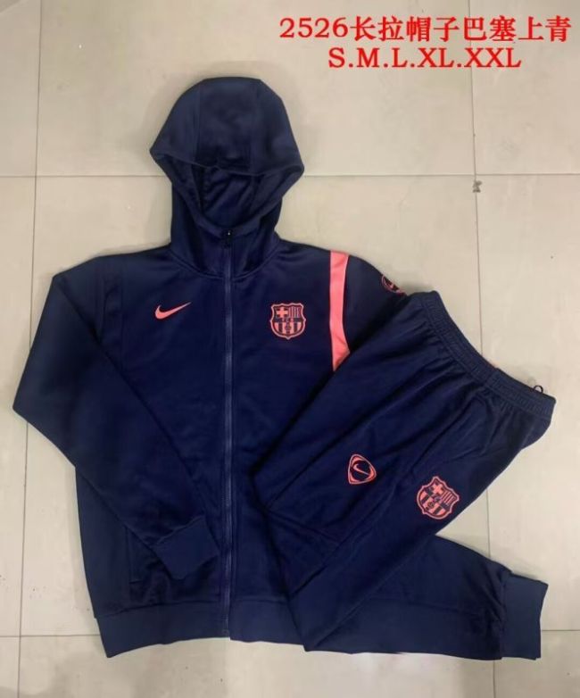 with Caps 2025-2026 Barcelona Dark Blue/Pink Soccer Training Hoodie and Pants Football Hoody
