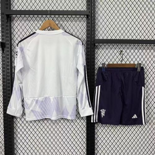 Long Sleeve Youth Uniform Kids Kit 2025-2026 Manchester United Away White Soccer Jersey Shorts Child Football Set