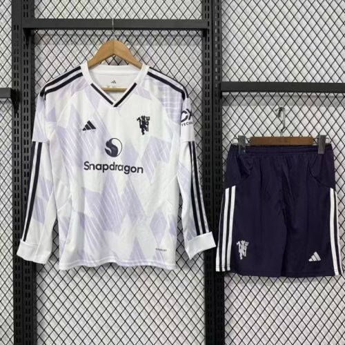 Long Sleeve Youth Uniform Kids Kit 2025-2026 Manchester United Away White Soccer Jersey Shorts Child Football Set