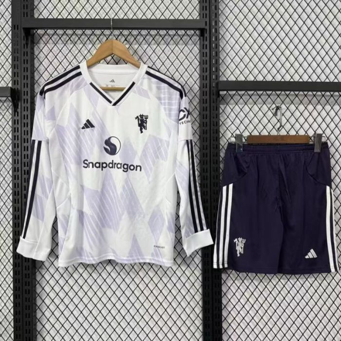 Long Sleeve Youth Uniform Kids Kit 2025-2026 Manchester United Away White Soccer Jersey Shorts Child Football Set