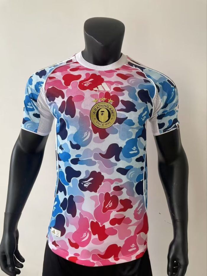 Player Version 2025 AD X Bape Blue/Pink Soccer Training T-shirt Casual Football Shirt