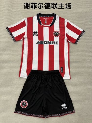 with Sponor Logo Youth Uniform Kids Kit Sheffield United 2025-2026 Home Soccer Jersey Shorts Child Football Set