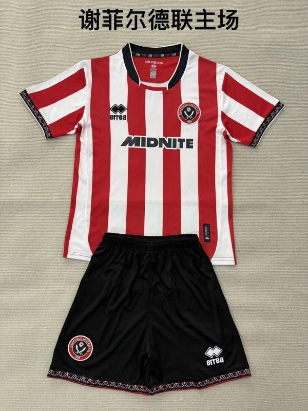 with Sponor Logo Youth Uniform Kids Kit Sheffield United 2025-2026 Home Soccer Jersey Shorts Child Football Set