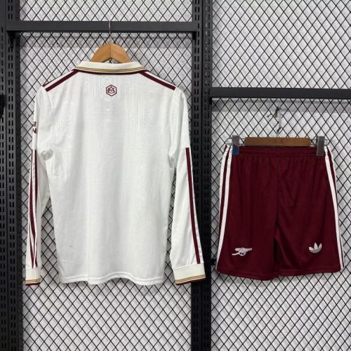 Long Sleeve Youth Uniform Kids Kit 2025-2026 Arsenal Third Away White Soccer Jersey Shorts Child Football Set